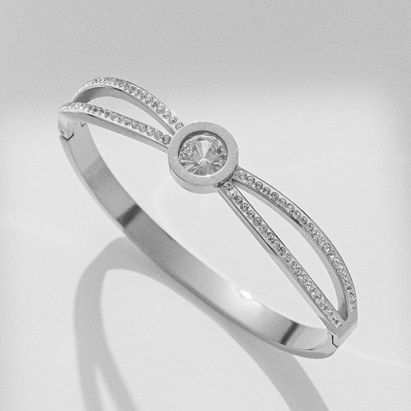 Stainless Steel Silver Plated Roman Numerals American Diamond Studded Anti-Tarnish Bracelet For Women - MySmartBazaar