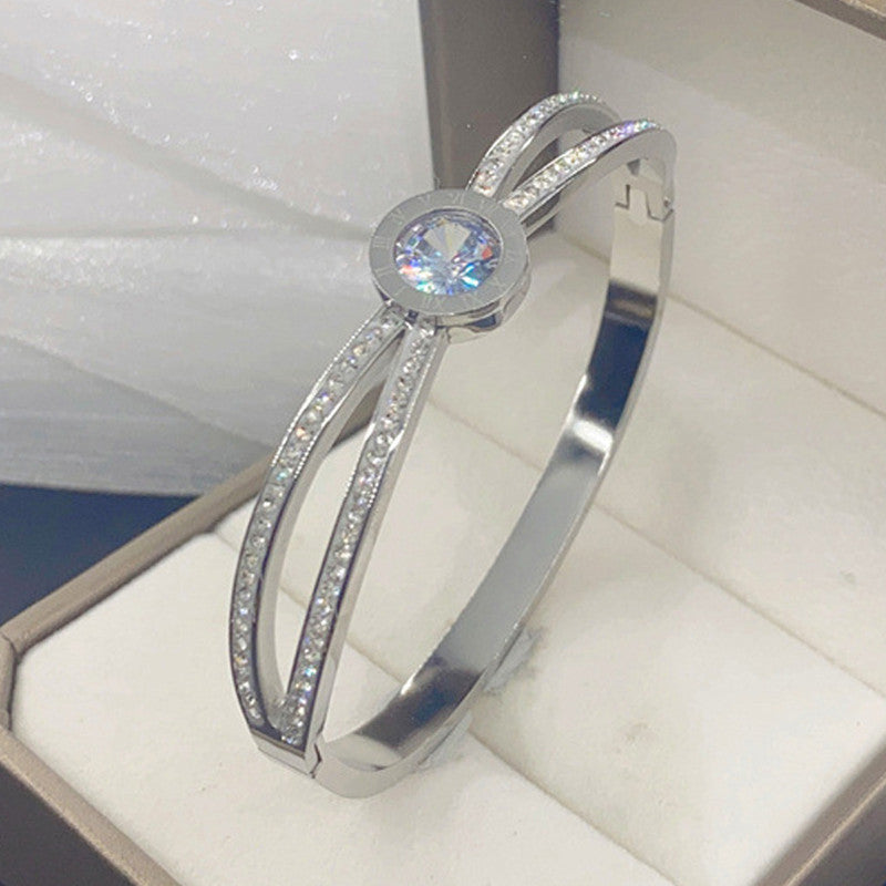 Stainless Steel Silver Plated Roman Numerals American Diamond Studded Anti-Tarnish Bracelet For Women - MySmartBazaar