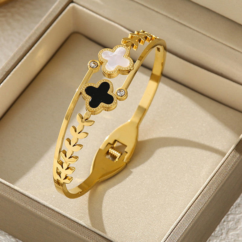 Stainless Steel Gold Plated Mother of Pearls Two Clover Leaf Irish Design Anti-Tarnish Bracelet For Women - MySmartBazaar