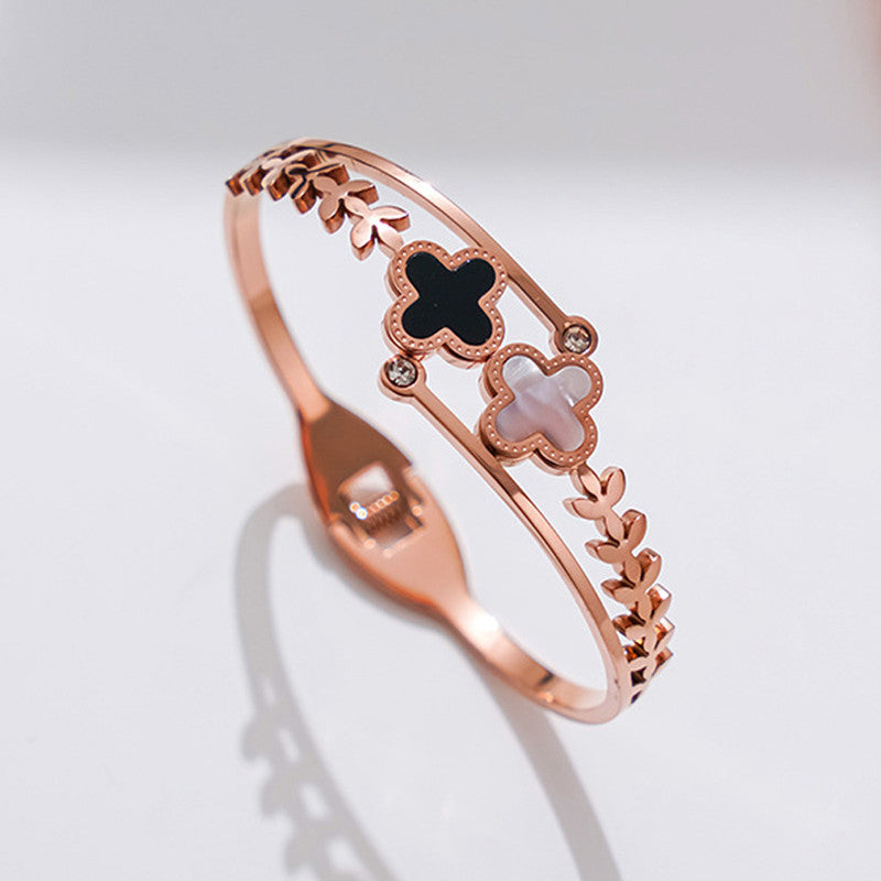 Stainless Steel Rose Gold Plated Mother of Pearls Two Clover Leaf Irish Design Bracelet For Women - MySmartBazaar