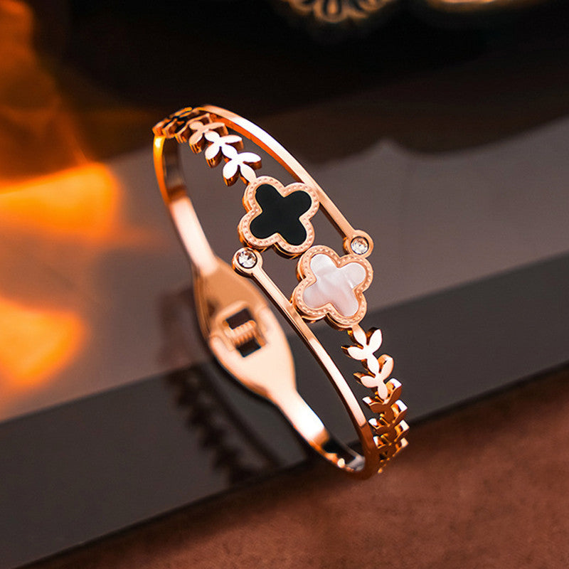 Stainless Steel Rose Gold Plated Mother of Pearls Two Clover Leaf Irish Design Bracelet For Women - MySmartBazaar