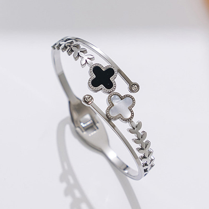 Stainless Steel Silver Plated Mother of Pearls Two Clover Leaf Irish Design Anti-Tarnish Bracelet For Women - MySmartBazaar