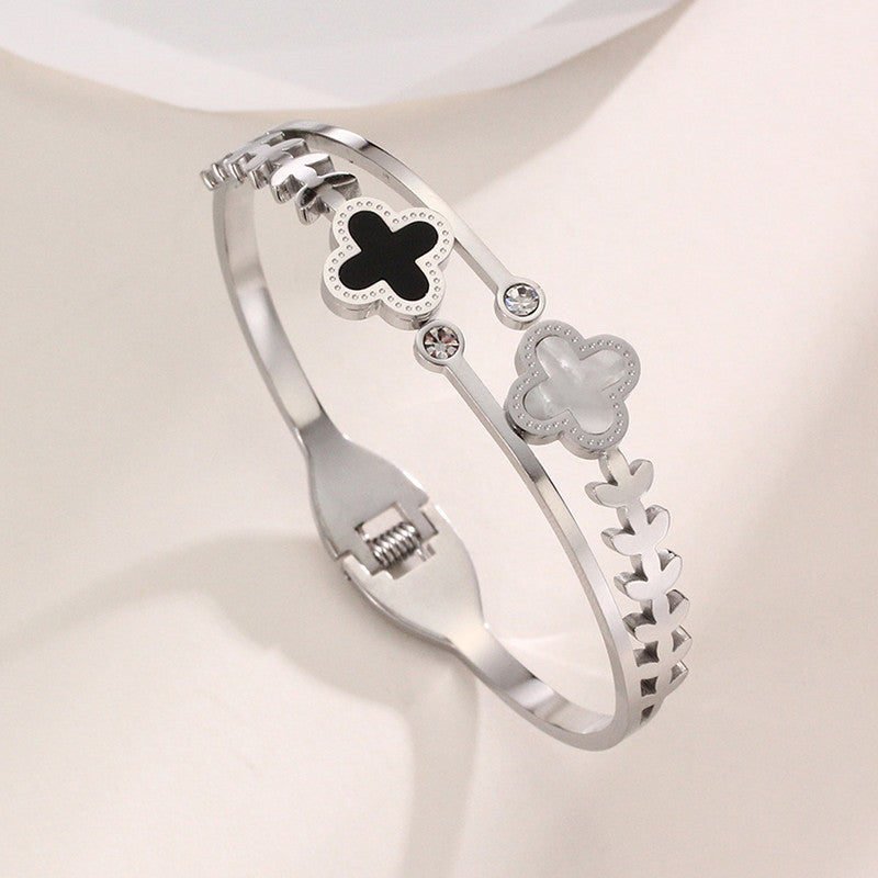 Stainless Steel Silver Plated Mother of Pearls Two Clover Leaf Irish Design Anti-Tarnish Bracelet For Women - MySmartBazaar