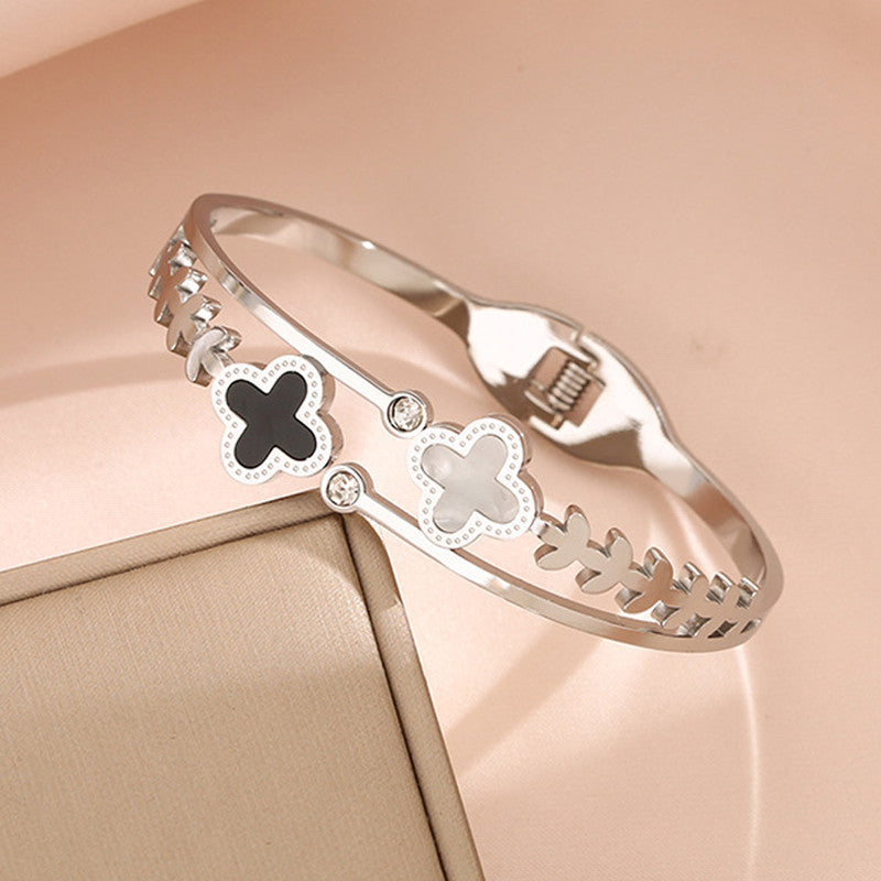 Stainless Steel Silver Plated Mother of Pearls Two Clover Leaf Irish Design Anti-Tarnish Bracelet For Women - MySmartBazaar