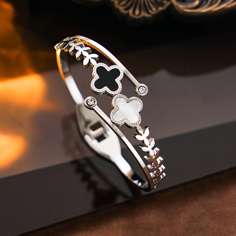 Stainless Steel Silver Plated Mother of Pearls Two Clover Leaf Irish Design Anti-Tarnish Bracelet For Women - MySmartBazaar