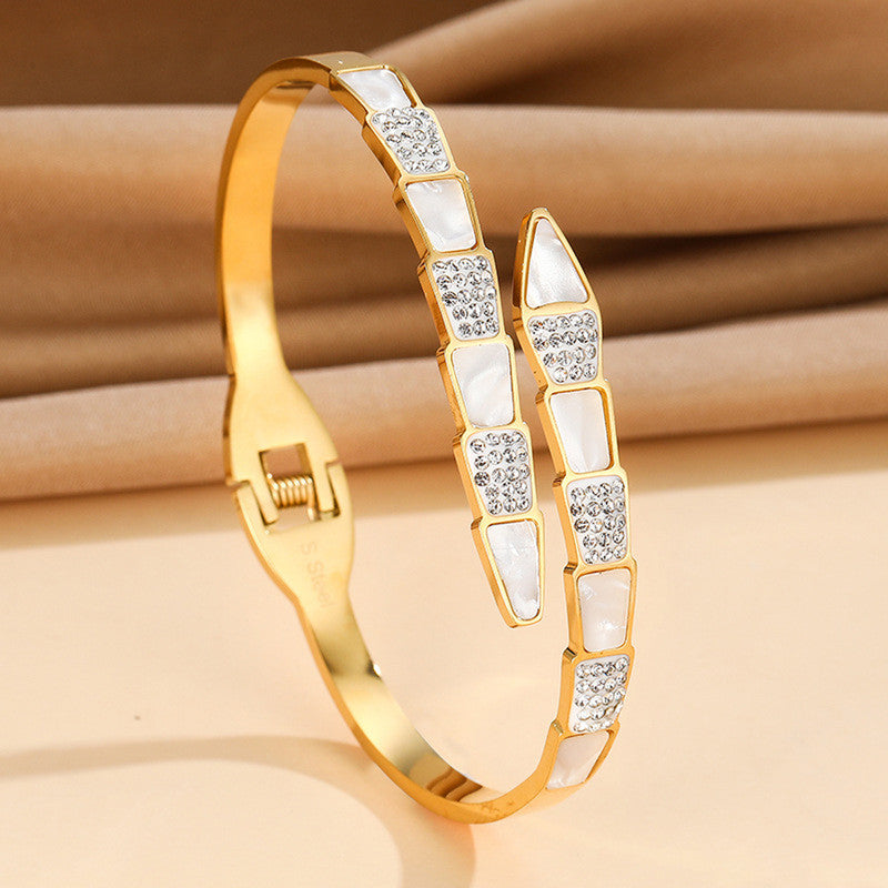 Stainless Steel Gold Plated Mother of Pearl Snake Styled AD Studded Anti-Tarnish Bracelet For Women - MySmartBazaar