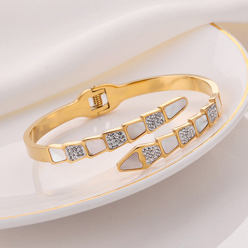 Stainless Steel Gold Plated Mother of Pearl Snake Styled AD Studded Anti-Tarnish Bracelet For Women - MySmartBazaar