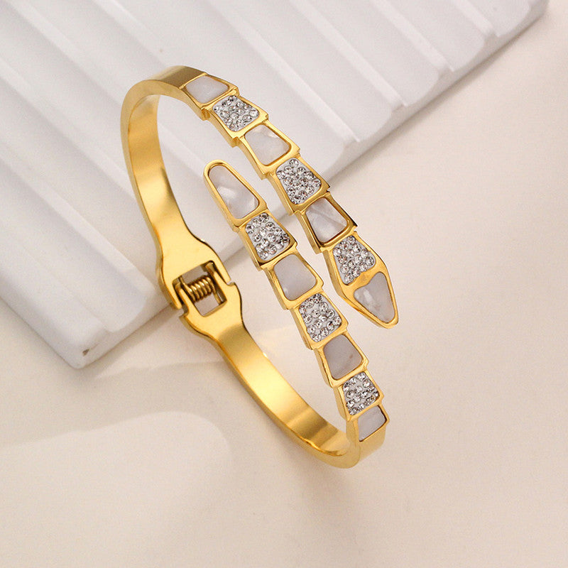 Stainless Steel Gold Plated Mother of Pearl Snake Styled AD Studded Anti-Tarnish Bracelet For Women - MySmartBazaar