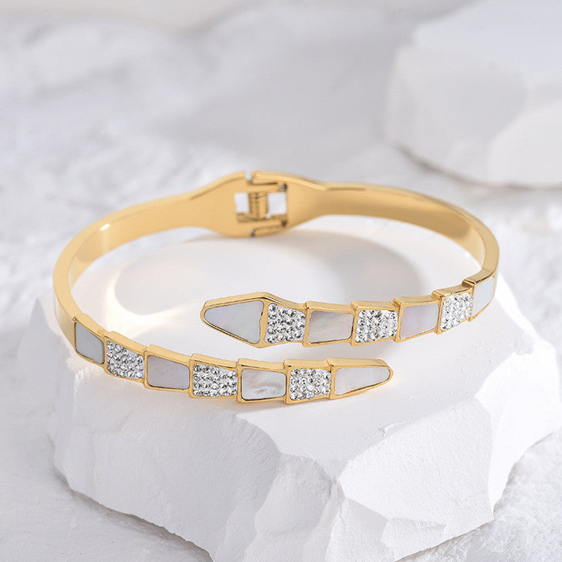 Stainless Steel Gold Plated Mother of Pearl Snake Styled AD Studded Anti-Tarnish Bracelet For Women - MySmartBazaar