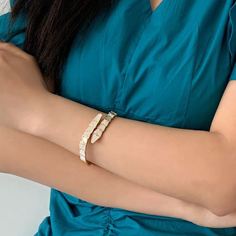 Stainless Steel Gold Plated Mother of Pearl Snake Styled AD Studded Anti-Tarnish Bracelet For Women - MySmartBazaar