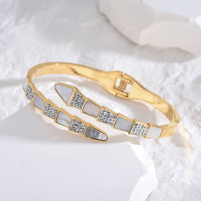 Stainless Steel Gold Plated Mother of Pearl Snake Styled AD Studded Anti-Tarnish Bracelet For Women - MySmartBazaar