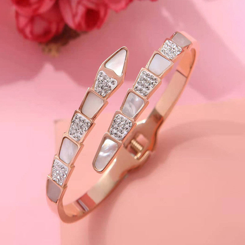 Stainless Steel Rose Gold Plated Mother of Pearl Snake Styled AD Studded Bracelet For Women - MySmartBazaar