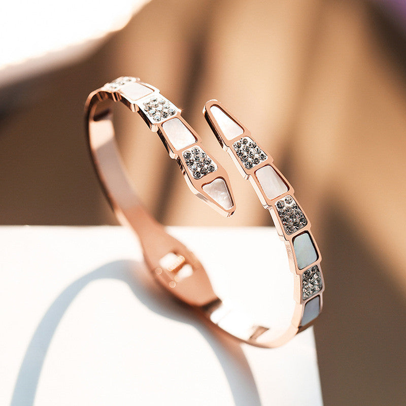 Stainless Steel Rose Gold Plated Mother of Pearl Snake Styled AD Studded Bracelet For Women - MySmartBazaar