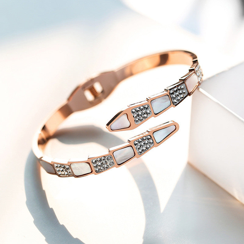 Stainless Steel Rose Gold Plated Mother of Pearl Snake Styled AD Studded Bracelet For Women - MySmartBazaar