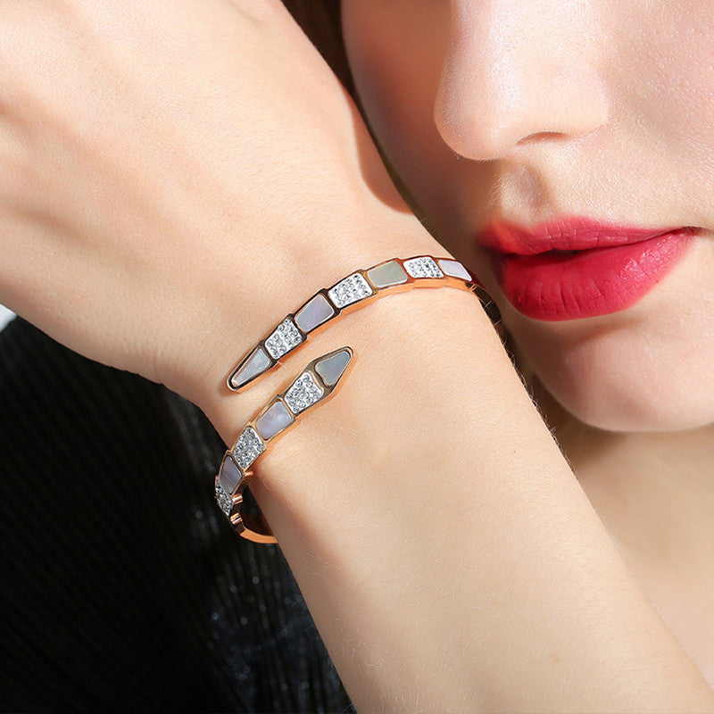 Stainless Steel Rose Gold Plated Mother of Pearl Snake Styled AD Studded Bracelet For Women - MySmartBazaar