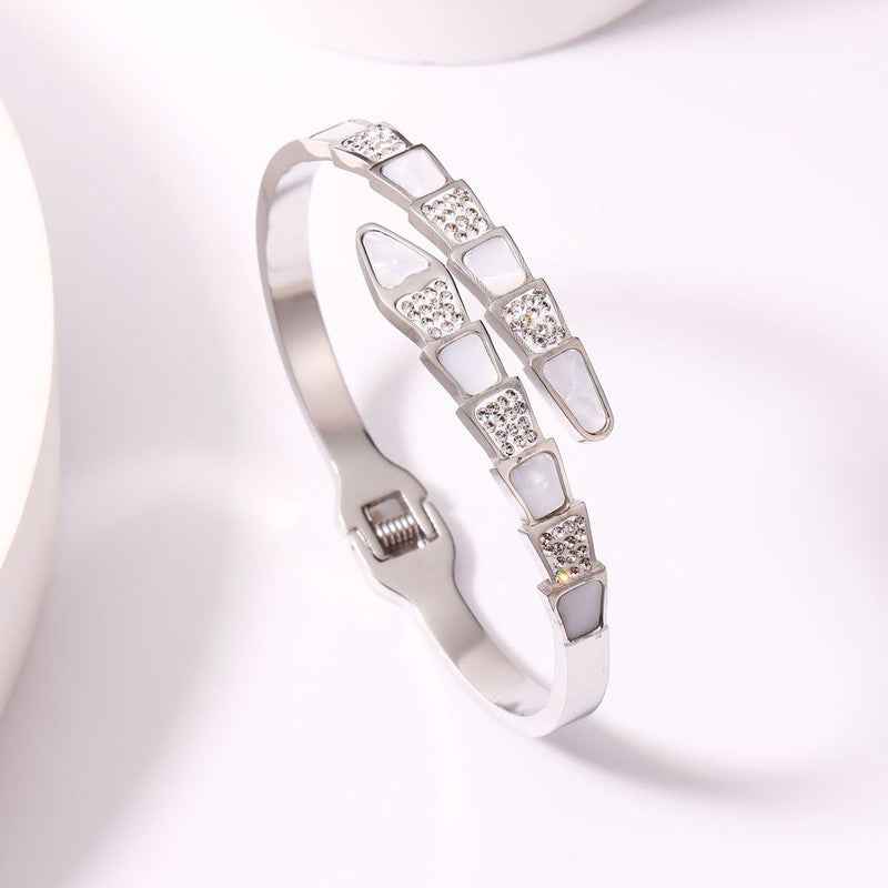 Stainless Steel Silver Plated Mother of Pearl Snake Styled AD Studded Anti-Tarnish Bracelet For Women - MySmartBazaar