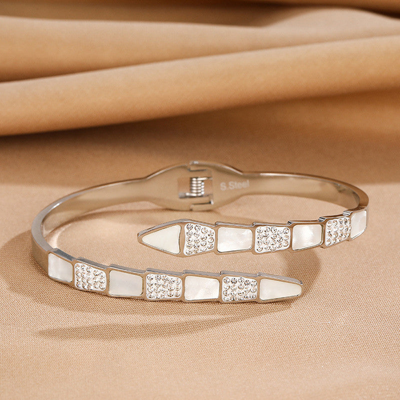 Stainless Steel Silver Plated Mother of Pearl Snake Styled AD Studded Anti-Tarnish Bracelet For Women - MySmartBazaar