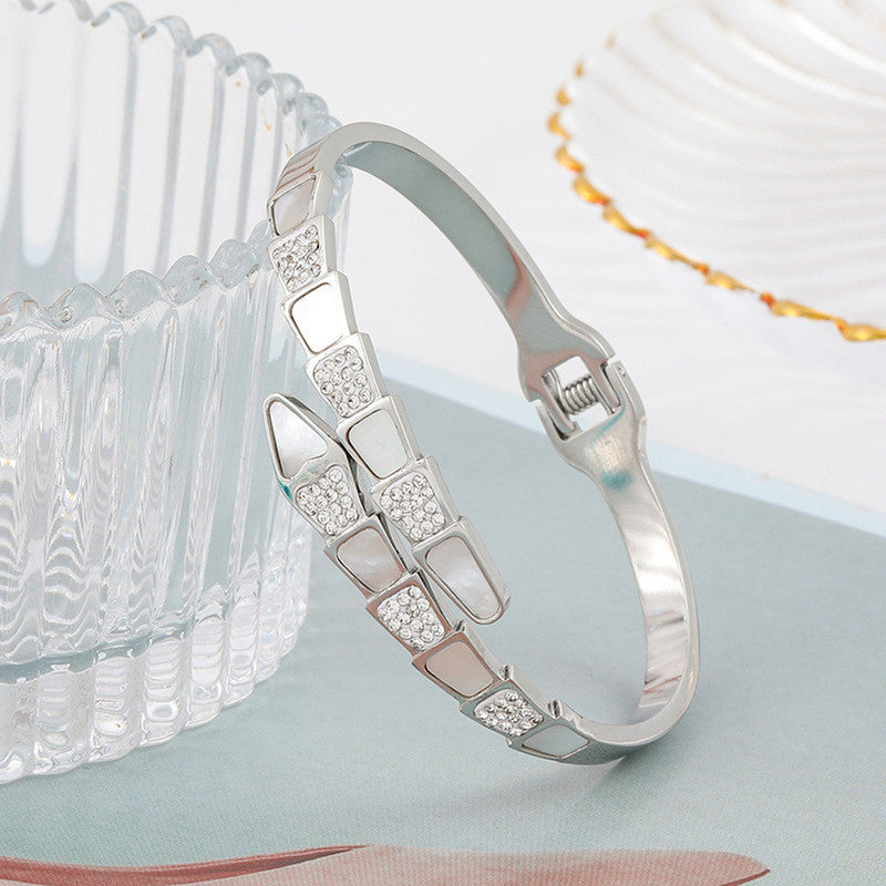 Stainless Steel Silver Plated Mother of Pearl Snake Styled AD Studded Anti-Tarnish Bracelet For Women - MySmartBazaar