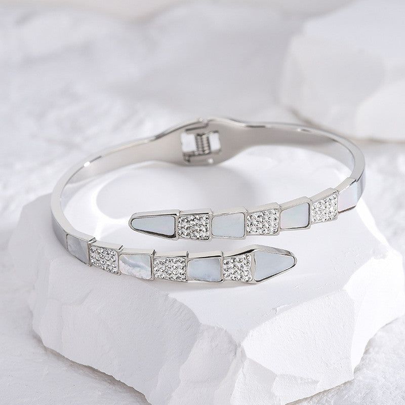 Stainless Steel Silver Plated Mother of Pearl Snake Styled AD Studded Anti-Tarnish Bracelet For Women - MySmartBazaar