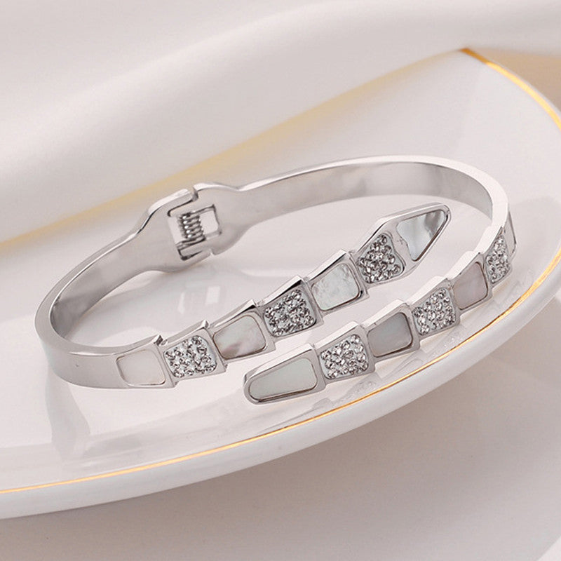 Stainless Steel Silver Plated Mother of Pearl Snake Styled AD Studded Anti-Tarnish Bracelet For Women - MySmartBazaar