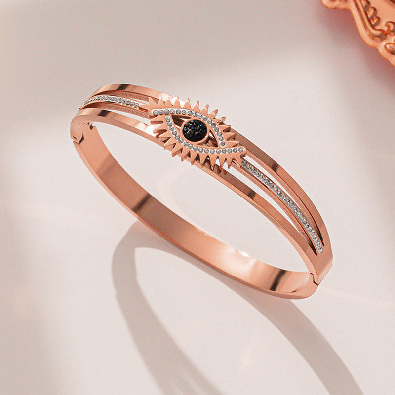 Stainless Steel Rose Gold Plated American Diamond Studded Evil Eye Bracelet For Women - MySmartBazaar