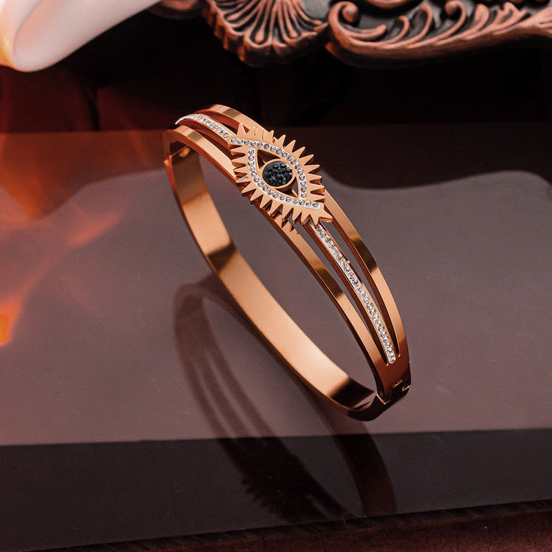 Stainless Steel Rose Gold Plated American Diamond Studded Evil Eye Bracelet For Women - MySmartBazaar