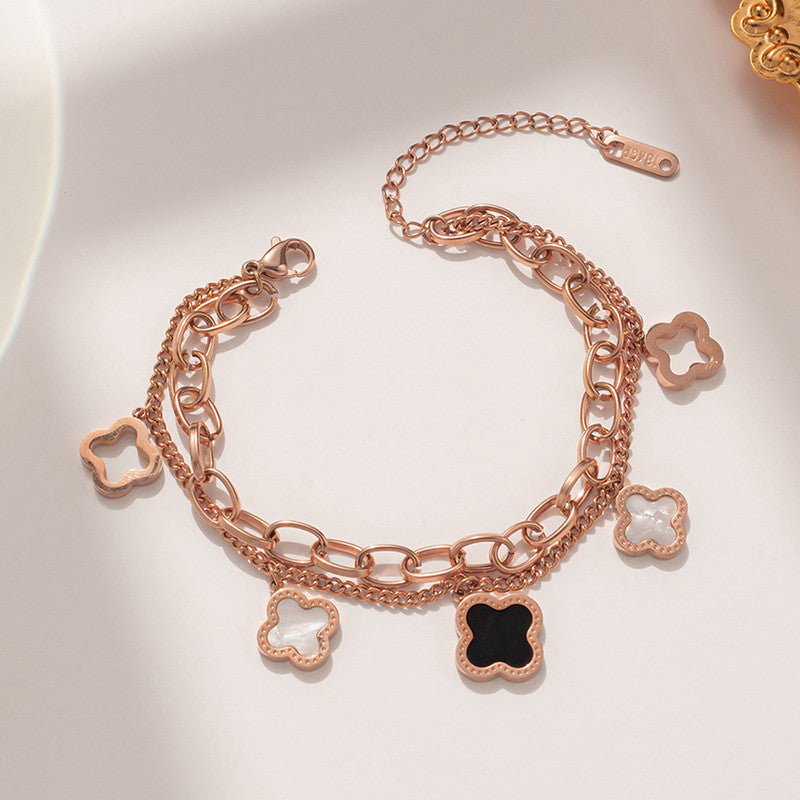Stainless Steel Rose Gold Plated Mother of Pearls Clover Wraparound Bracelet For Women - MySmartBazaar