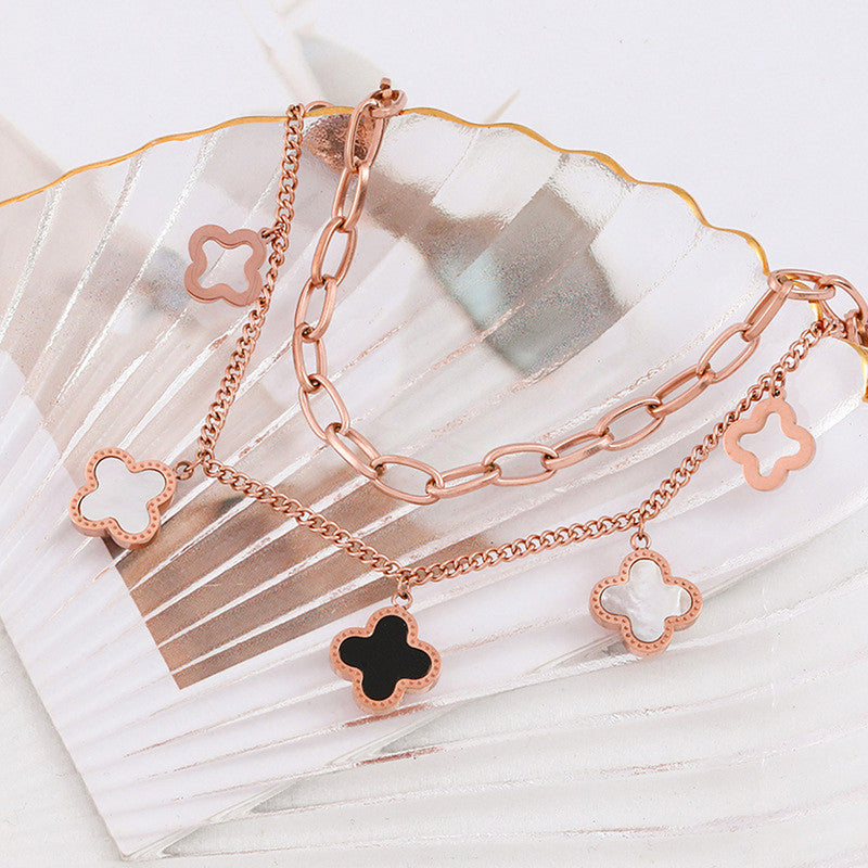 Stainless Steel Rose Gold Plated Mother of Pearls Clover Wraparound Bracelet For Women - MySmartBazaar
