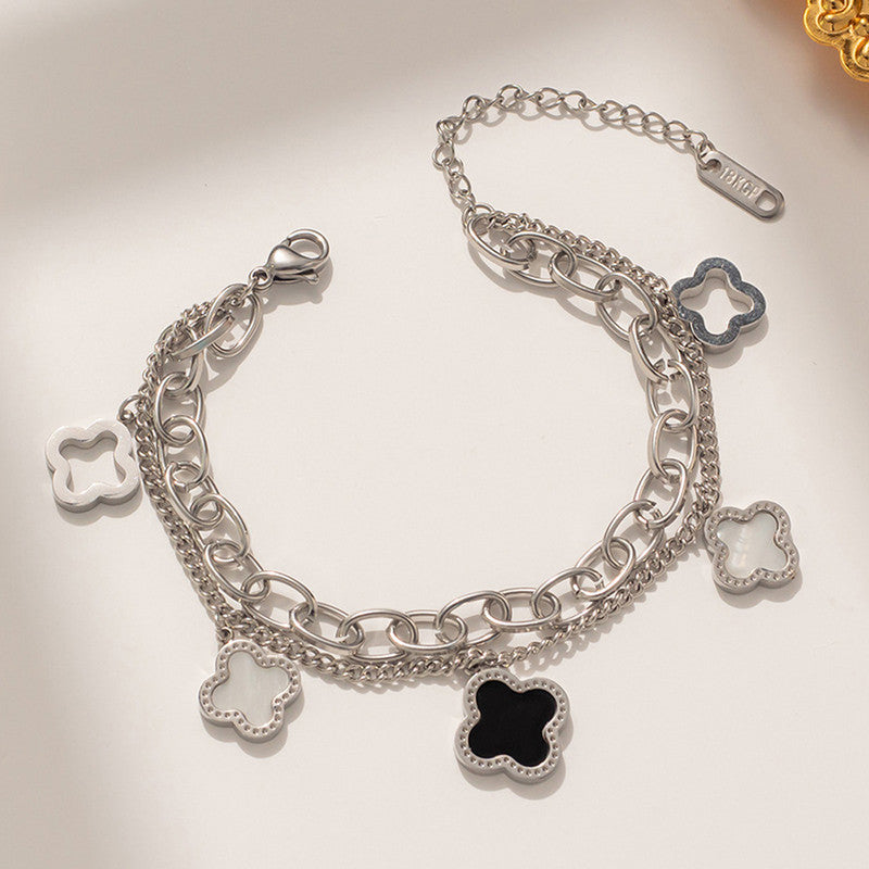 Stainless Steel Silver Plated Mother of Pearls Clover Wraparound Anti-Tarnish Bracelet For Women - MySmartBazaar