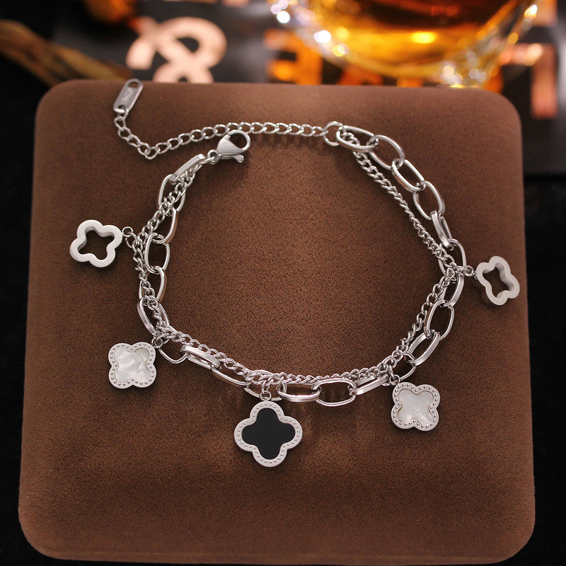 Stainless Steel Silver Plated Mother of Pearls Clover Wraparound Anti-Tarnish Bracelet For Women - MySmartBazaar