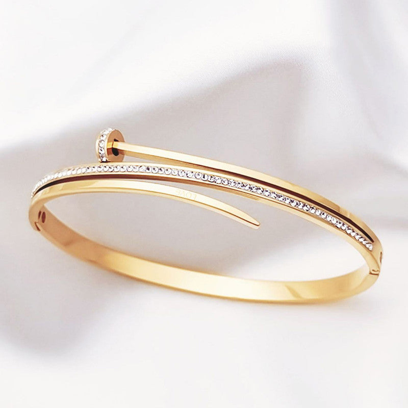 Stainless Steel Gold Plated American Diamond Studded Nail Anti-Tarnish Bracelet For Women - MySmartBazaar