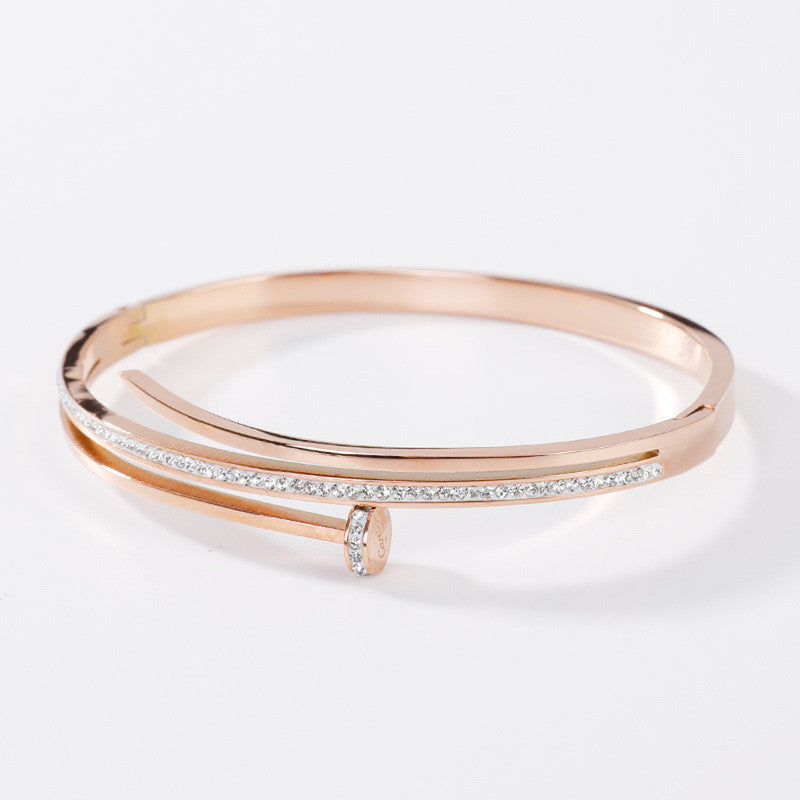 Stainless Steel Rose Gold Plated American Diamond Studded Nail Bracelet For Women - MySmartBazaar