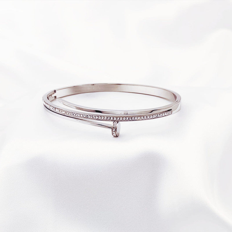 Stainless Steel Silver Plated American Diamond Studded Nail Anti-Tarnish Bracelet For Women - MySmartBazaar