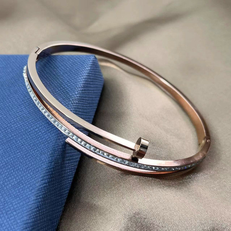 Stainless Steel Rose Gold Plated American Diamond Studded Bracelet For Women - MySmartBazaar