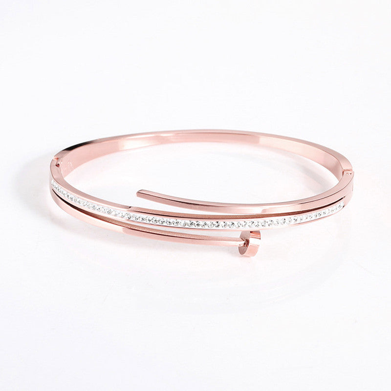 Stainless Steel Rose Gold Plated American Diamond Studded Bracelet For Women - MySmartBazaar