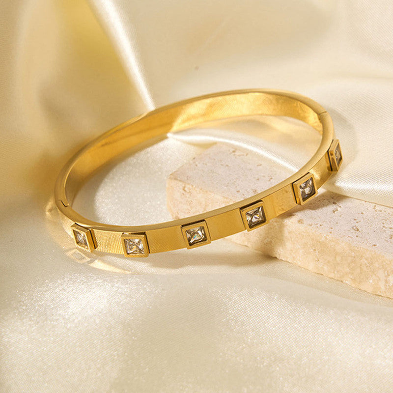 Stainless Steel Gold-Plated White Square American Diamond studded Bangle-Style Anti-Tarnish Bracelet For Women - MySmartBazaar
