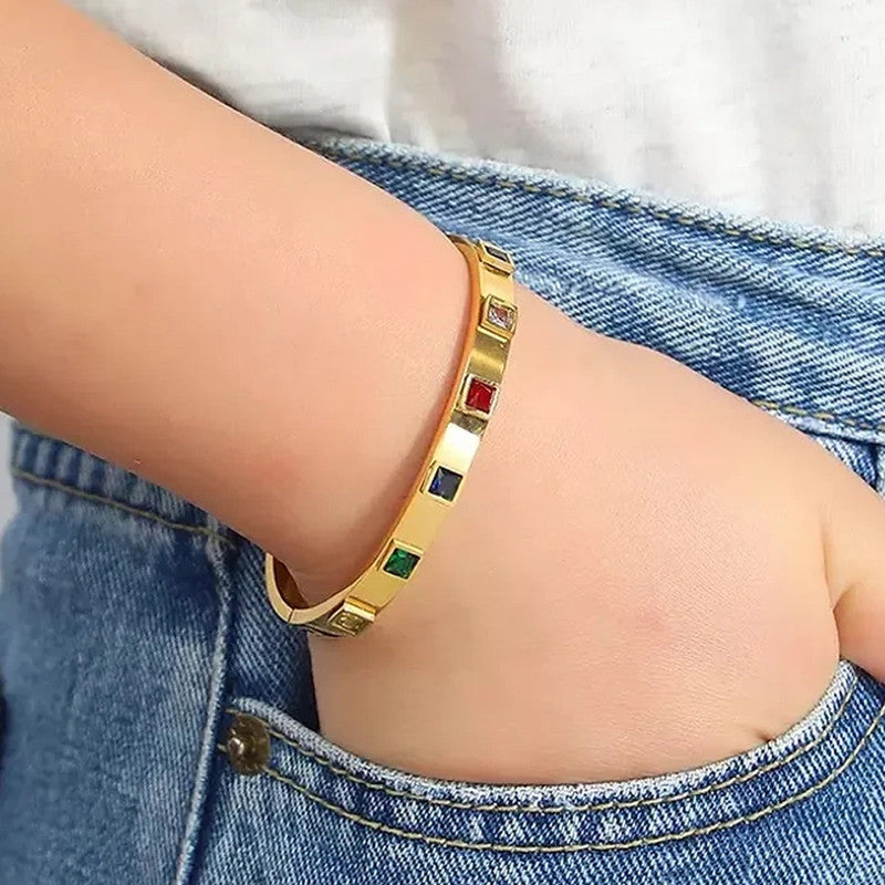 Stainless Steel Gold-Plated Multicolor Square American Diamond studded Bangle-Style Anti-Tarnish Bracelet For Women - MySmartBazaar
