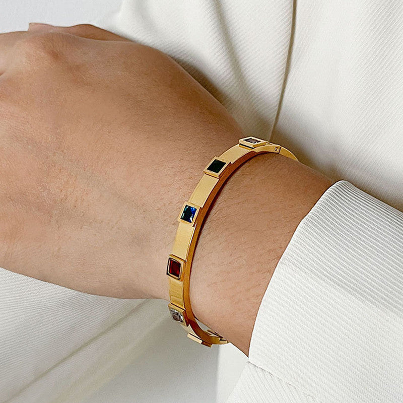 Stainless Steel Gold-Plated Multicolor Square American Diamond studded Bangle-Style Anti-Tarnish Bracelet For Women - MySmartBazaar