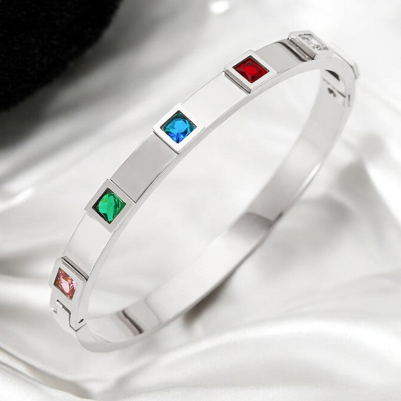 Stainless Steel Silver-Plated Multicolor Square American Diamond studded Bangle-Style Anti-Tarnish Bracelet For Women - MySmartBazaar
