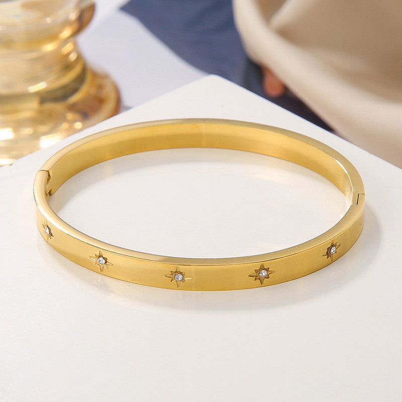 Stainless Steel Gold-Plated Floral American Diamond studded Bangle-Style Anti-Tarnish Bracelet For Women - MySmartBazaar