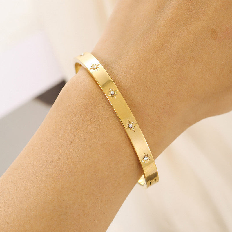 Stainless Steel Gold-Plated Floral American Diamond studded Bangle-Style Anti-Tarnish Bracelet For Women - MySmartBazaar