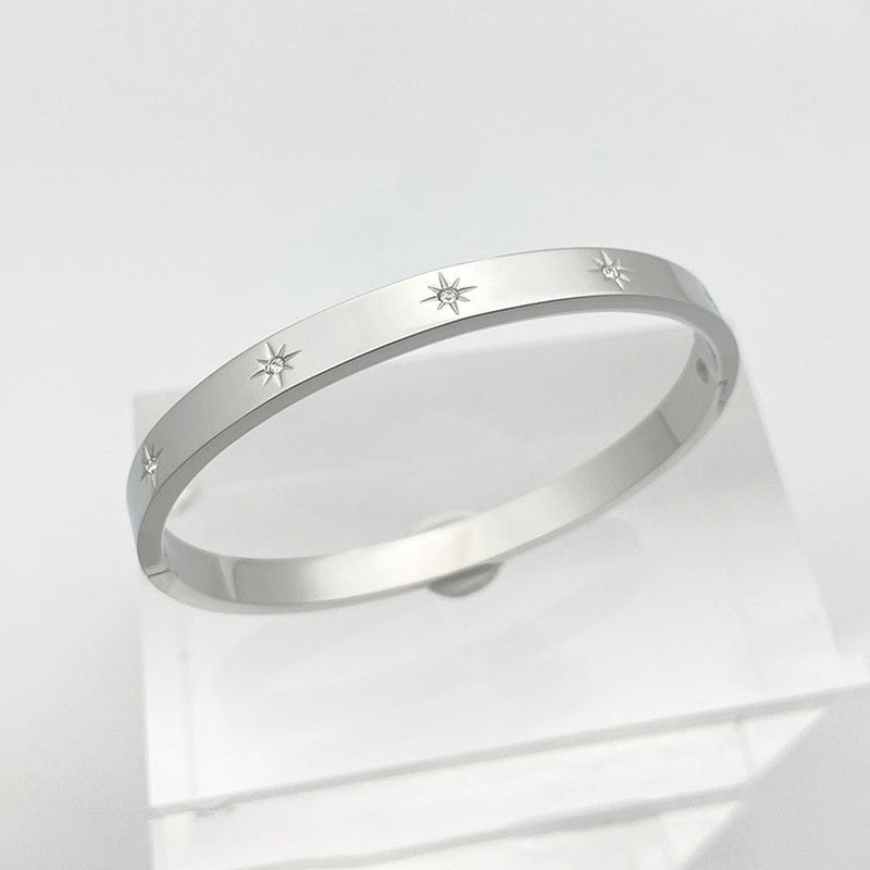 Stainless Steel Silver-Plated Floral American Diamond studded Bangle-Style Anti-Tarnish Bracelet For Women - MySmartBazaar