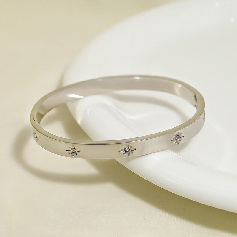 Stainless Steel Silver-Plated Floral American Diamond studded Bangle-Style Anti-Tarnish Bracelet For Women - MySmartBazaar
