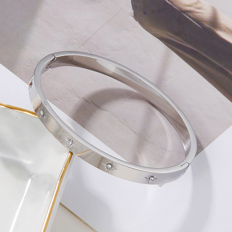 Stainless Steel Silver-Plated Floral American Diamond studded Bangle-Style Anti-Tarnish Bracelet For Women - MySmartBazaar