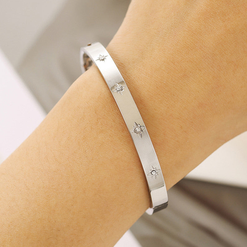 Stainless Steel Silver-Plated Floral American Diamond studded Bangle-Style Anti-Tarnish Bracelet For Women - MySmartBazaar