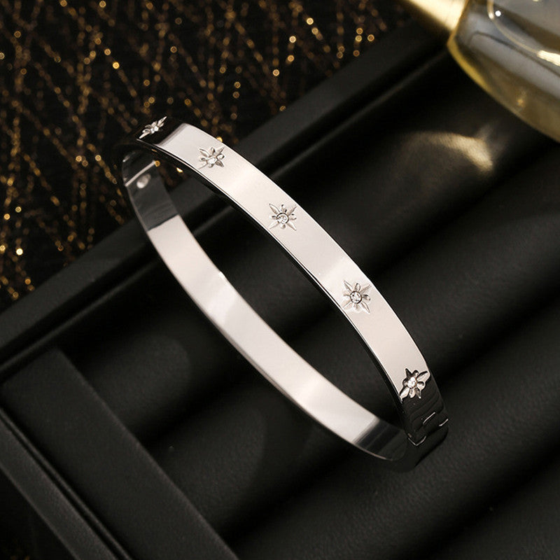 Stainless Steel Silver-Plated Floral American Diamond studded Bangle-Style Anti-Tarnish Bracelet For Women - MySmartBazaar