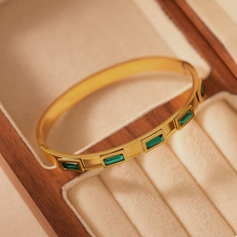 Stainless Steel Gold-Plated Green Rectangular American Diamond studded Bangle-Style Anti-Tarnish Bracelet For Women - MySmartBazaar