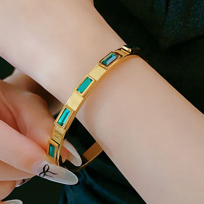 Stainless Steel Gold-Plated Green Rectangular American Diamond studded Bangle-Style Anti-Tarnish Bracelet For Women - MySmartBazaar