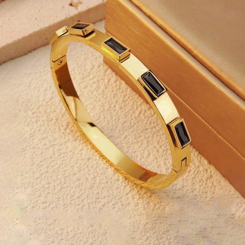 Stainless Steel Gold-Plated Black Rectangular American Diamond studded Bangle-Style Anti-Tarnish Bracelet For Women - MySmartBazaar