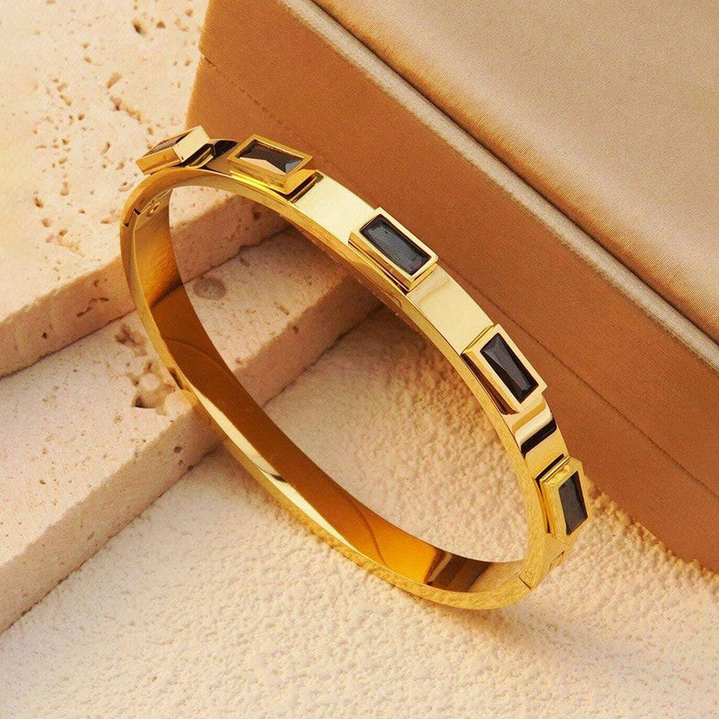 Stainless Steel Gold-Plated Black Rectangular American Diamond studded Bangle-Style Anti-Tarnish Bracelet For Women - MySmartBazaar